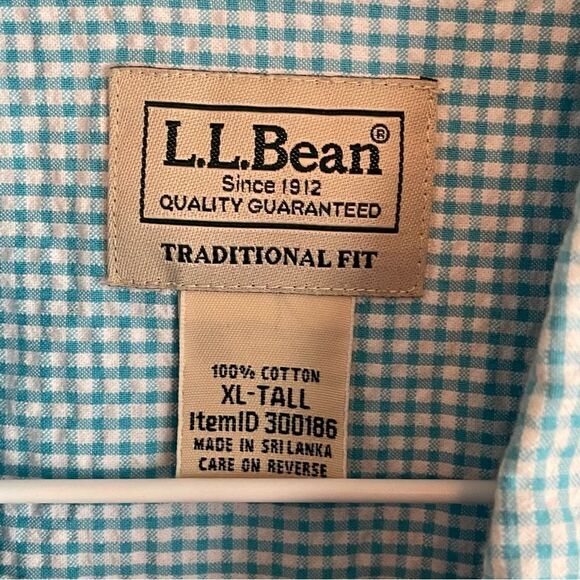 LL Bean blue white Button down men’s shirt size Xl Tall gingham plaid design - Picture 2 of 3